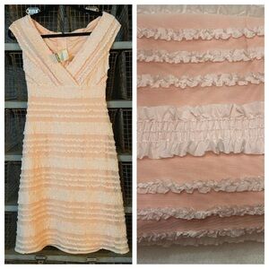 Tadashi y2k vintage ruffle applique Peach Midi Dress 2105